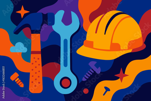 Flat design icons for the building industry, including construction tools and blueprints