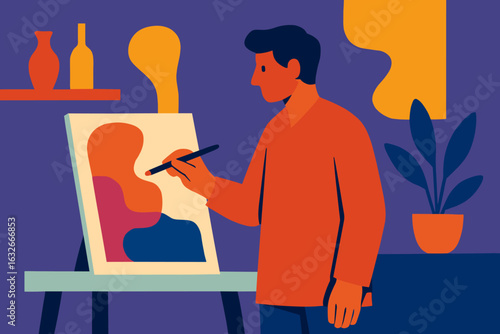 A silhouette of an artist engrossed in painting a canvas on an easel is set against a plain background, showcasing the creative process with the painter intently focused, holding a brush