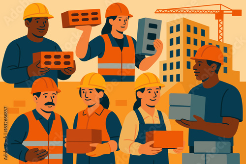 Clear depictions of construction workers and equipment are shown in various roles and activities through illustrations