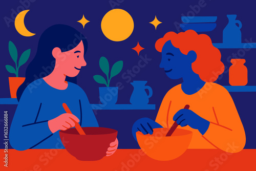 Vector illustration set depicting a man and woman participating in a pottery workshop creating clay pots