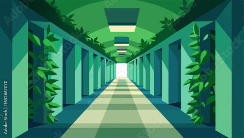 A hallway with a cascading plant wall creating a green tunnel effect.