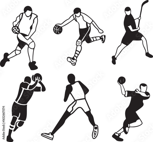 Action Sports Icons Featuring Basketball, Handball, and Hockey Players Showcasing Dynamic Movement and Athleticism in Simple Vector Graphics