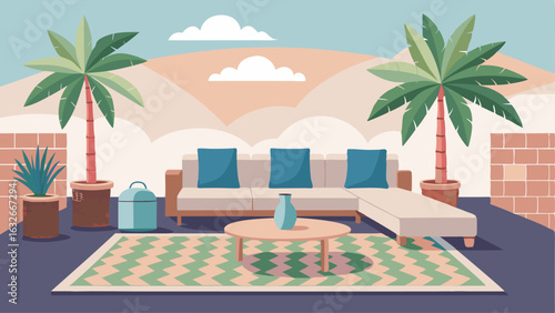 An outdoor patio with a modern wicker sectional a geometric patterned outdoor rug and a large potted palm tree for a touch of nature.