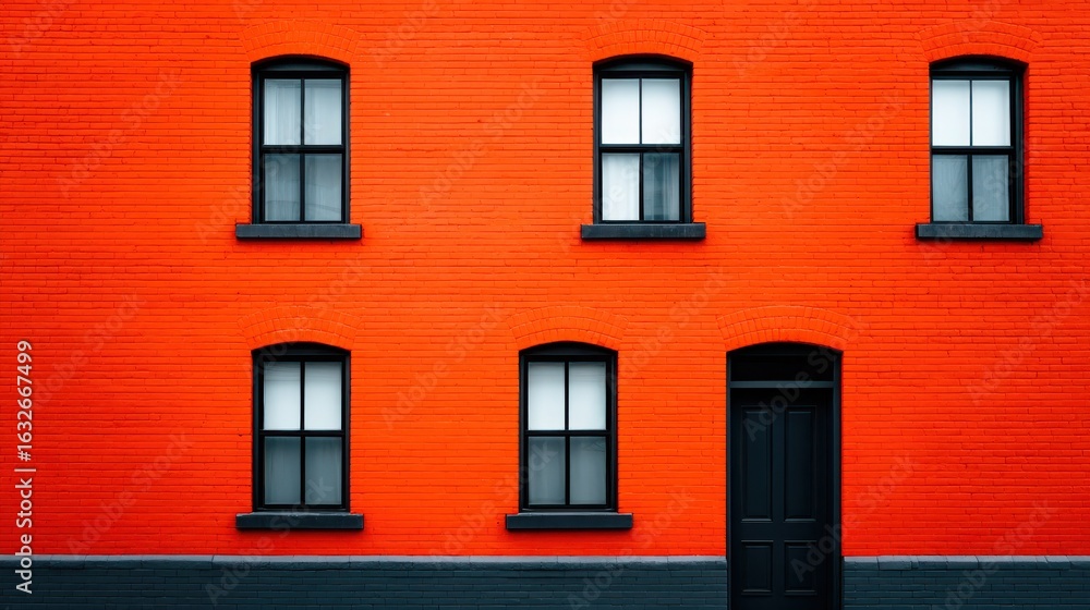 Fototapeta premium The building is red and has black windows