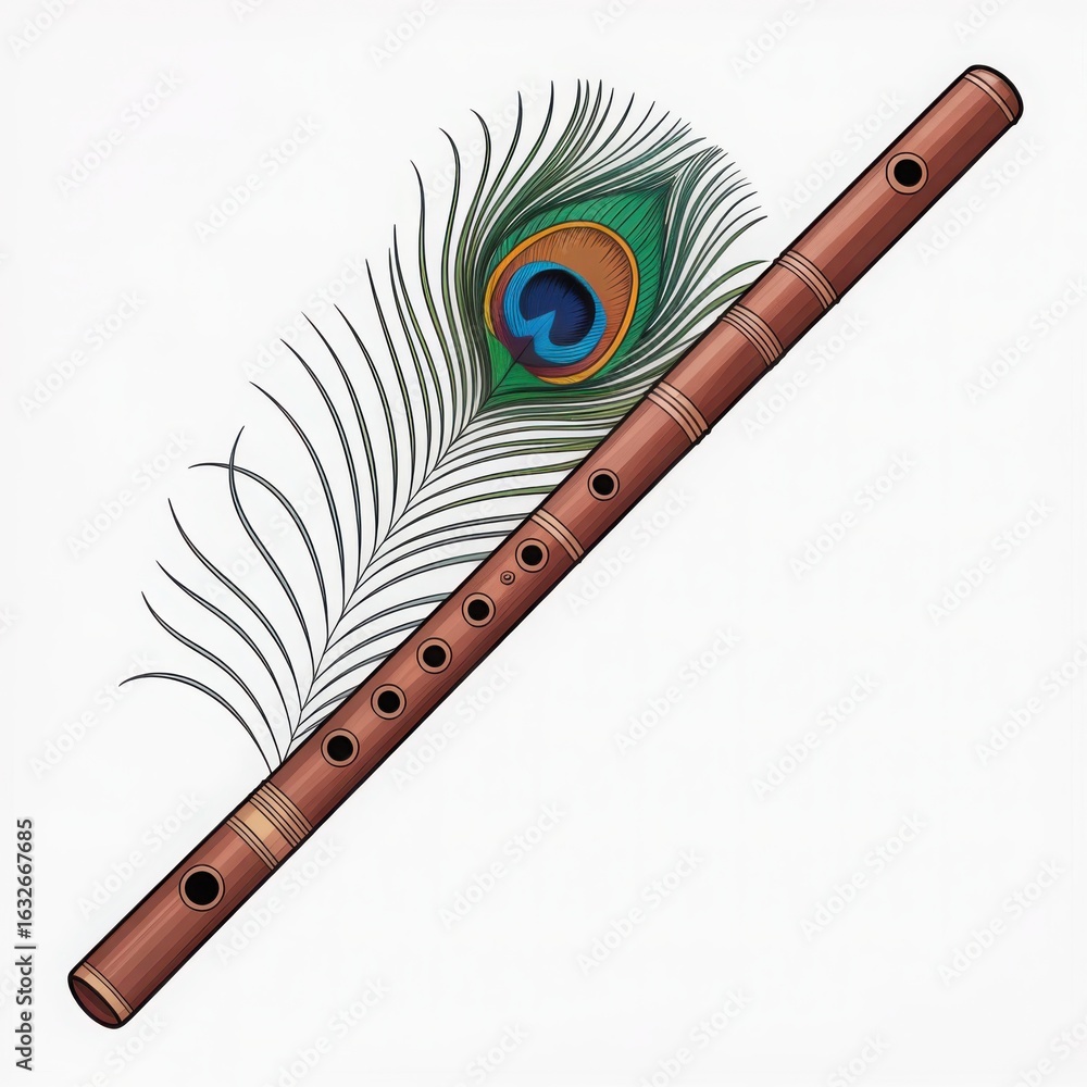 Naklejka premium Krishna s flute and peacock feather symbolizing divine music