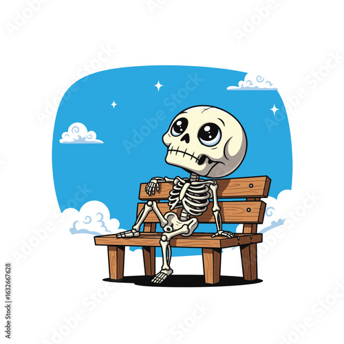 A cute cartoon skeleton with big eyes sits dreamily on a wooden bench under a bright blue sky, surrounded by clouds and stars, lost in thought.