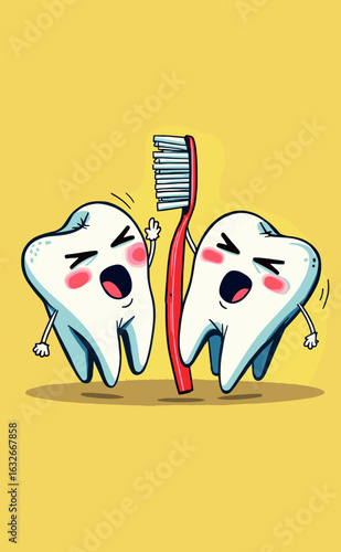 Playful cartoon teeth characters singing around a toothbrush on a bright yellow background