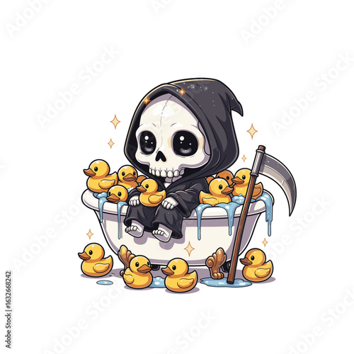 A cute cartoon skeleton in a black hood relaxes in a bathtub filled with rubber ducks and bubbles, with a scythe beside the tub and water dripping over the edge.