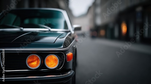 A black car with yellow lights on the front