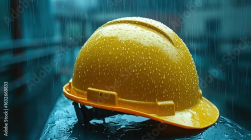 A yellow hard hat resting on a surface, covered in raindrops, indicating construction safety.