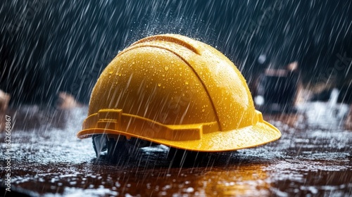 A yellow hard hat resting on a wet surface, surrounded by falling rain.