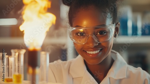 A smiling young scientist in a lab coat conducts an experiment with flames in a laboratory.