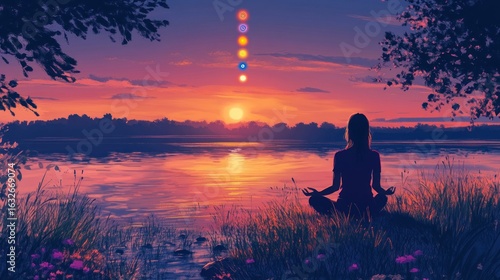 A serene sunset scene with a meditating figure by the water, symbolizing tranquility.