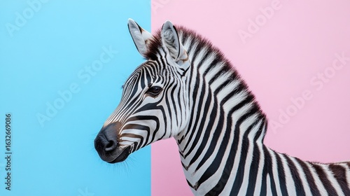 A zebra's profile against a split pastel background of blue and pink.
