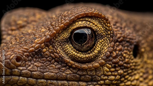 Closeup of reptile's eye with textured skin in dark background  