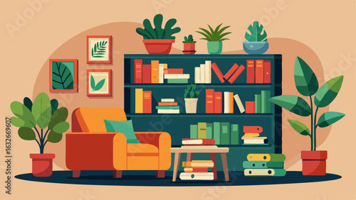 A living room with a large bookshelf filled with plants and books and a cozy reading nook tucked in the corner.