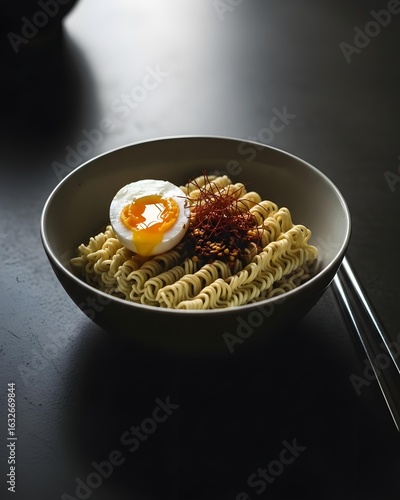 Instant Noodles with Egg and Chili in a Minimalist Night Setup