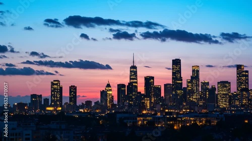 Vibrant city skyline at dusk with colorful clouds and lights  