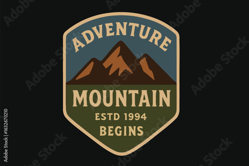 Vintage Mountain Adventure Logo Badge – Retro Wilderness Emblem Design, Minimalist Outdoor Travel Patch, Hiking Explorer Icon for Branding, Established Trekking Club Vector Graphic