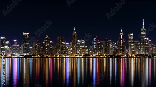 City skyline at night with illuminated buildings and reflections  