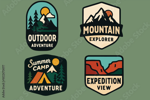 Vintage Adventure Outdoor Badge Set – Mountain Explorer, Summer Camp, Expedition View, Nature Patch Design for Travel Branding, Hiking Merch, Retro Vector Art for Wilderness Enthusiasts