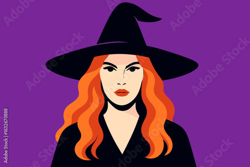 A playful cartoon witch wearing a black hat and dress soars through the moonlit autumn night on her broom, prepared for Halloween enchantment