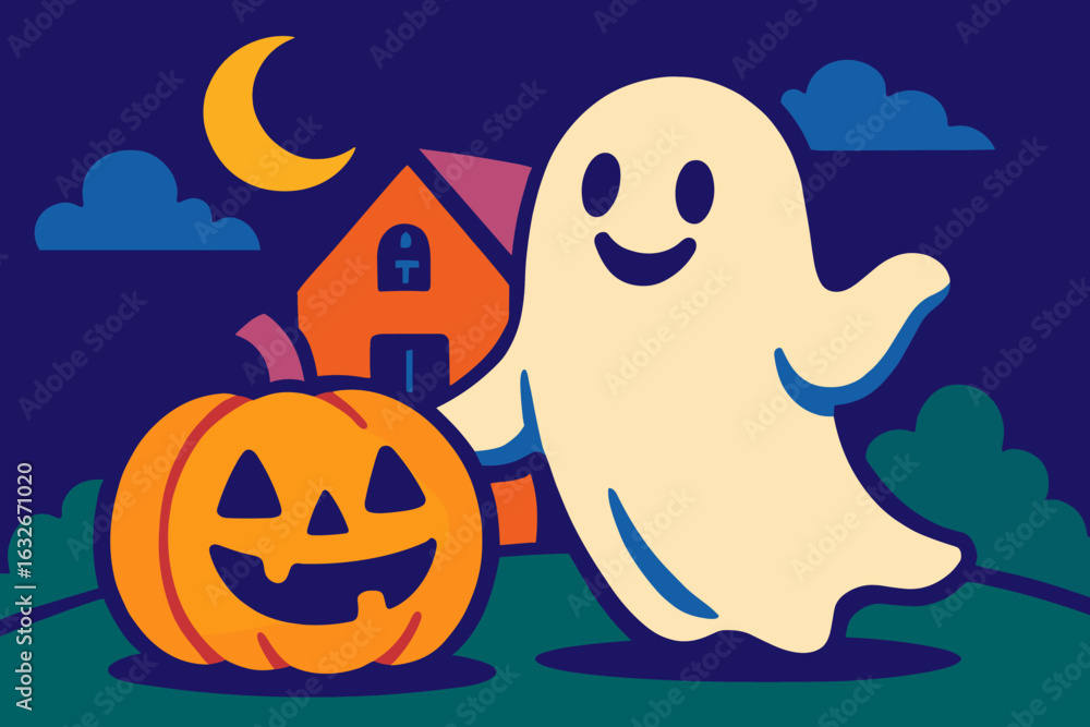 Fototapeta premium Outline ghost kids coloring book, cute ghost flying Bat line art coloring page