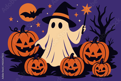 A spooky hand-drawn composition featuring a child in a ghost costume and witch hat, accompanied by a set of varied pumpkins with humorous faces and a skull