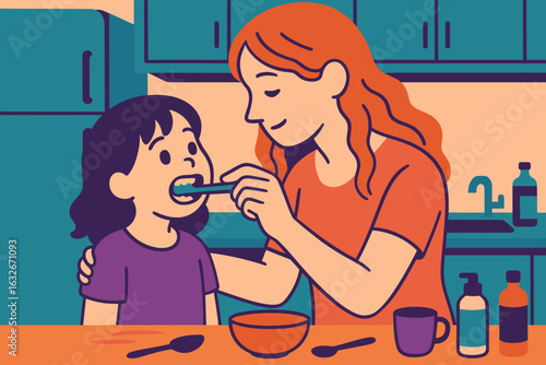 A mother is applying makeup to her daughter in preparation for a costume party, likely for Halloween or a themed event with a lively and celebratory ambiance
