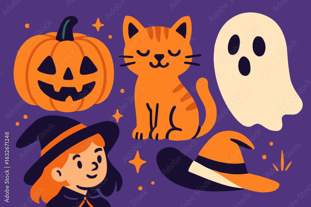 Fototapeta premium A smiling witch with a broom, a spooky jack o' lantern, a black cat on a yellow surfboard, and a friendly ghost are depicted in a whimsical Halloween illustration set against a white background