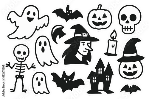 A set of adorable Halloween silhouette characters featuring ghosts, witches, bats, pumpkins, and monsters for use in holiday decorations or children's themed designs