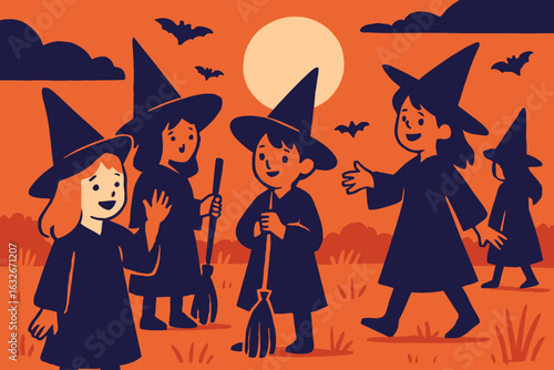 Depiction of a joyful Halloween setting featuring kids' silhouettes and ornaments set against an orange backdrop