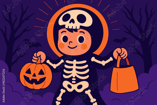 Illustration of a cute kid playing trick or treat and holding a scythe and pumpkin bucket, a smile boy cartoon celebrating the halloween festival wearing a skeleton costume cosplay