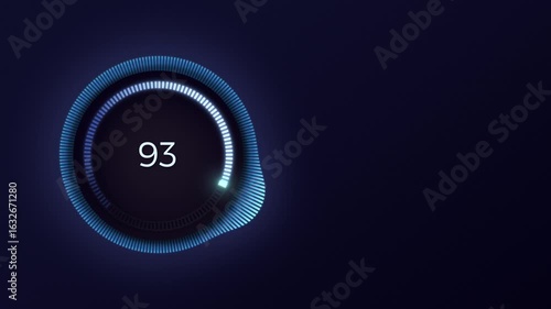 Futuristic technological loading or charging animation template on a dark blue background. Glowing indicator in a ring that changes dynamically. Numbers from 0 to 100. Blue gradient. Horizontal. 4k.