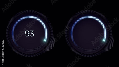 2 in 1. Futuristic technological loading or charging animation template on a black background. Dynamically changing glowing ring indicator. Blue gradient. Horizontal. 4k.