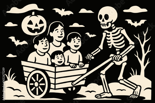 Vector cartoon illustration featuring Halloween-themed funny animals, kids, and pumpkin designs