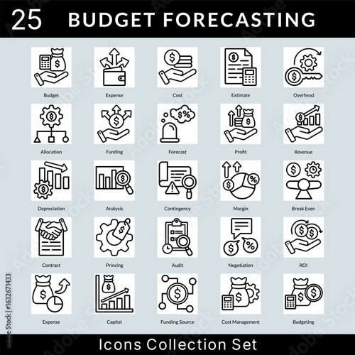 Budget Forecasting icon set collection in outline style. an icon pack contain expense, cost, extimate, overhead, allocation, funding, forecast, profit, revenue, depreciation
