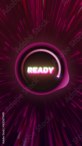 Loading animation template in a ring with a glowing indicator and a background of flying red particles. Dynamic animation of neon inscriptions 