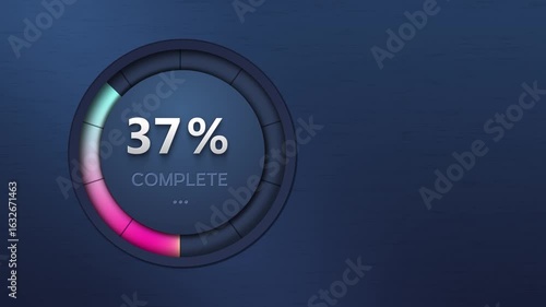 Futuristic technological loading or charging animation template. Colored indicator in a ring with numbers in percentage, at the end the inscription 