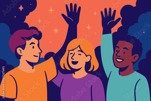 Vector cartoon illustration of a group of people refusing and saying no, featuring friends making stop gestures