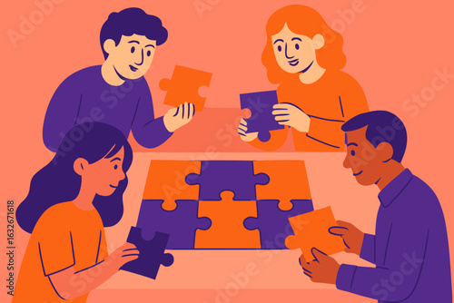 Contemporary flat style abstract vector illustration of diverse people putting together puzzle details, representing the Business Teamwork concept, isolated on background
