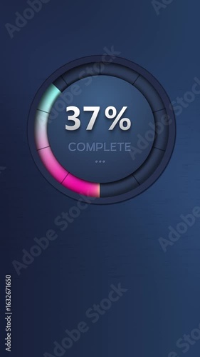 Futuristic technological loading or charging animation template. Colored indicator in a ring with numbers in percentage, at the end the inscription 