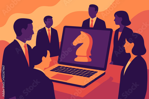 Vector cartoon illustration of diverse individuals collaborating on a laptop screen via video conference, isolated on background, representing an online business concept