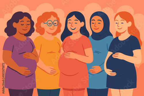 Vector art depicting a multicultural group of happy pregnant women from diverse ethnicities, symbolizing unity, joy, anticipation, and female empowerment as they celebrate their motherhood journey