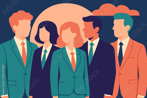 Diverse Group of Businesspeople in a Flat Vector Illustration of a Mixed Race Team