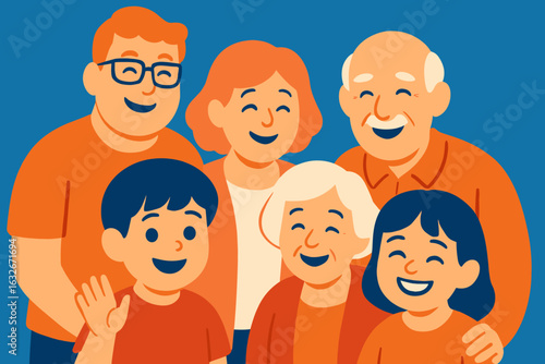 This image depicts a happy and varied group of seven individuals of different ages smiling, symbolizing community, friendship, and unity, making it perfect for representing diversity and togetherness