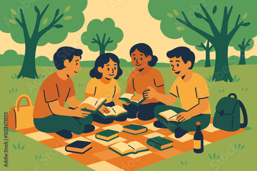 A vibrant vector depiction of a multicultural group of youngsters reading books together on a picnic mat in a park beneath a radiant summer sky