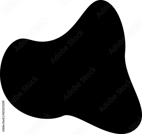 Black abstract shape with a freeform contour and non-uniform fluid movement.
