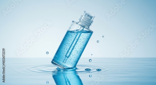 Transparent bottle with light blue liquid