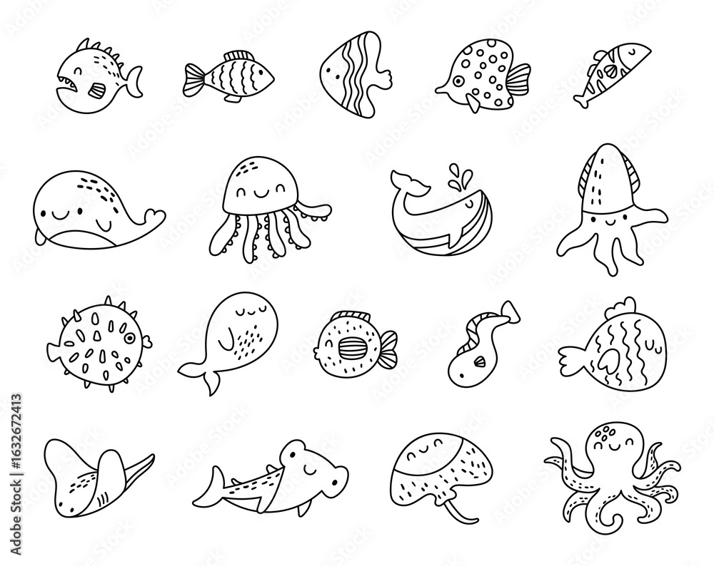 Obraz premium Sea animal character set in outline line art with whale fish, jellyfish, squid, octopus, shark, stingray, eel, underwater aquatic creatures for your creative designs projects